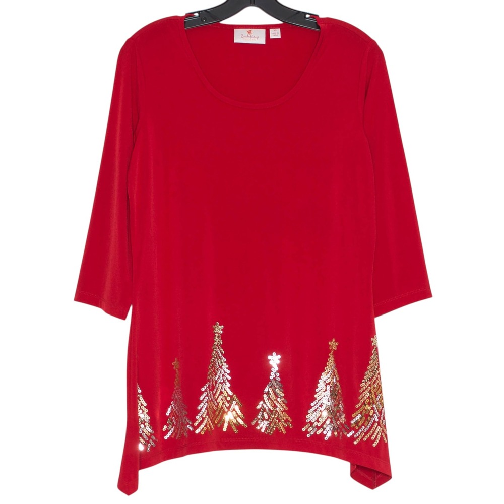 Quacker Factory 3/4 Sleeve Top Sequin Christmas Holiday Festive Stretch Red XS